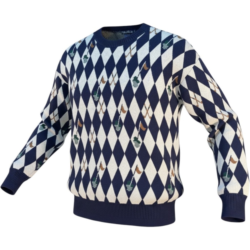 Nautica Mens Vintage Argyle Golf Sweater Navy Blue White Cotton Linen Size L